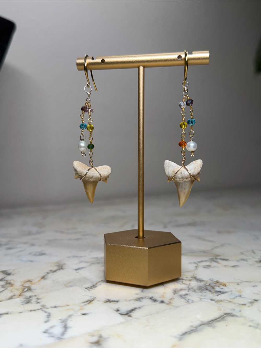 Multicolor Bead & Natural Shark Tooth Drop Earrings - handmade